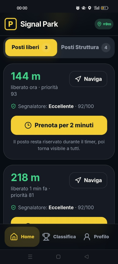 Schermata dell'app Signal Park con parcheggi disponibili, distanza, reputazione del segnalatore e pulsante di prenotazione